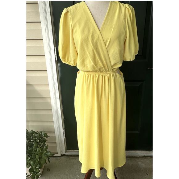 Maison Tara Sz 12 Butter Yellow Midi Dress w Tie Waist Cottagecore Feminine - Picture 1 of 8